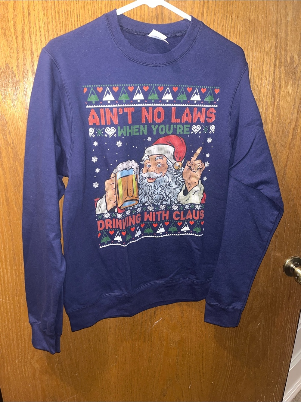 Port and Company Navy Graphic Holiday Sweatshirt with Santa Beer Design NWOT